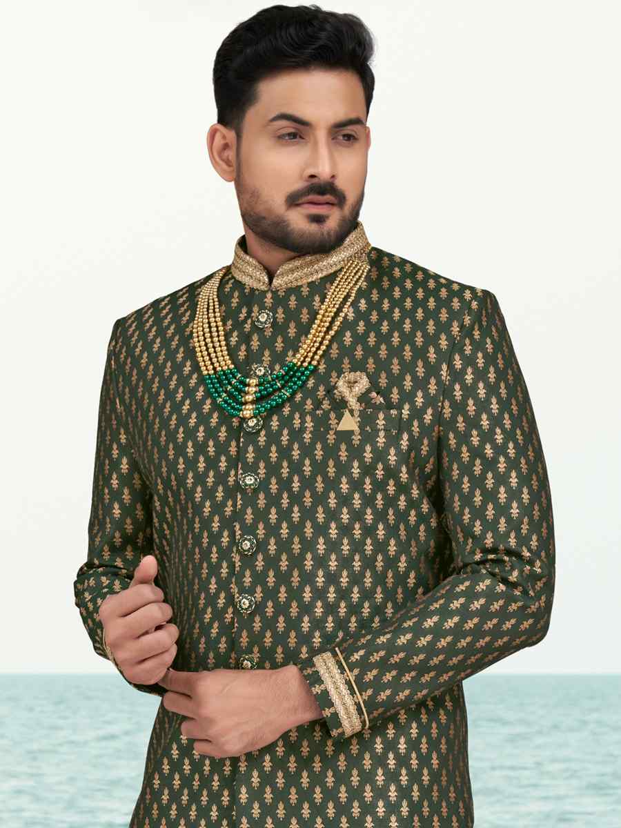 Bottle Green Champion Silk Printed Festival Party Sherwani