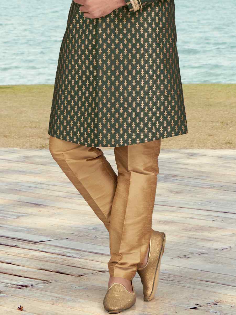 Bottle Green Champion Silk Printed Festival Party Sherwani