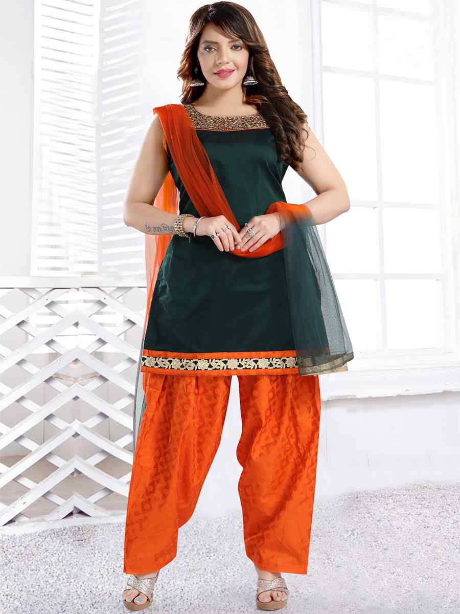 Bottle Green Chanderi Silk Embroidered Festival Wedding Patiala Salwar Kameez