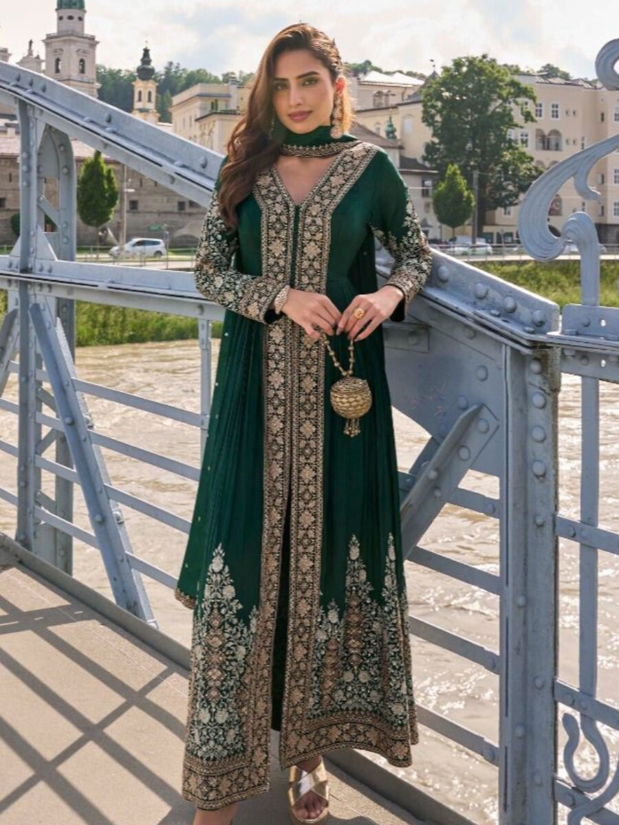 Bottle Green Chinon Embroidery Sequins Wedding Festival Casual Party Ready Lawn Pant Salwar Kameez