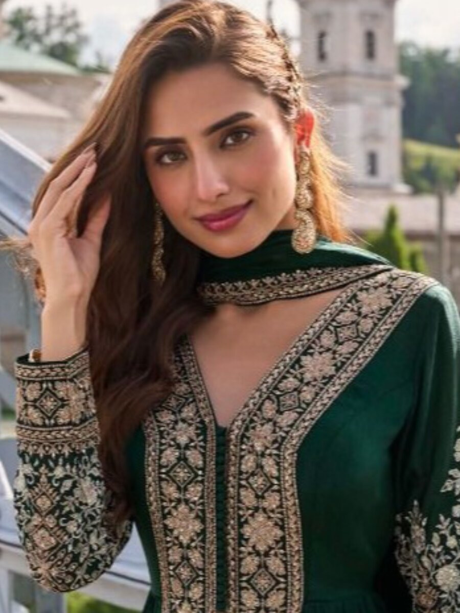 Bottle Green Chinon Embroidery Sequins Wedding Festival Casual Party Ready Lawn Pant Salwar Kameez