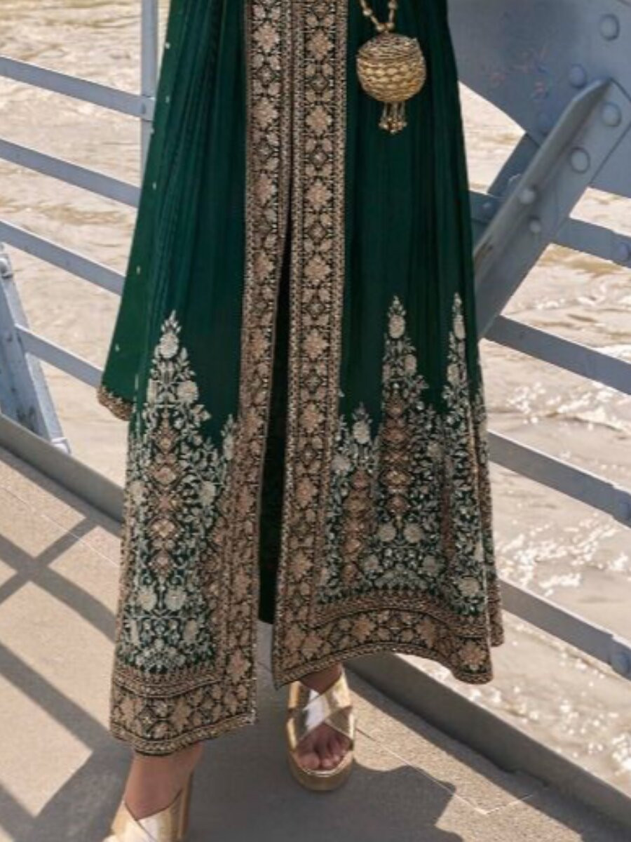Bottle Green Chinon Embroidery Sequins Wedding Festival Casual Party Ready Lawn Pant Salwar Kameez