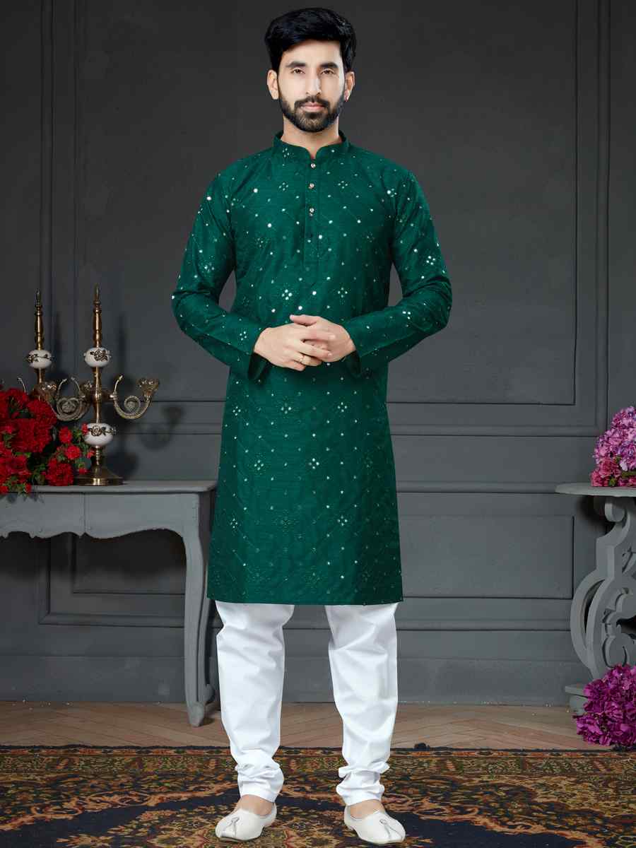 Bottle Green Cotton Art Silk Woven Festival Kurta