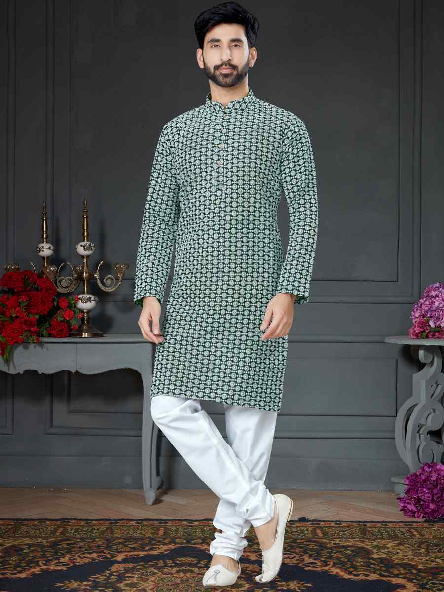 Bottle Green Cotton Art Silk Woven Festival Kurta