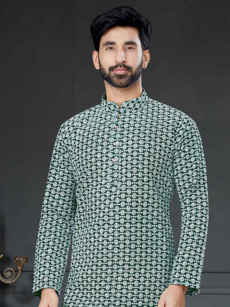 Bottle Green Cotton Art Silk Woven Festival Kurta