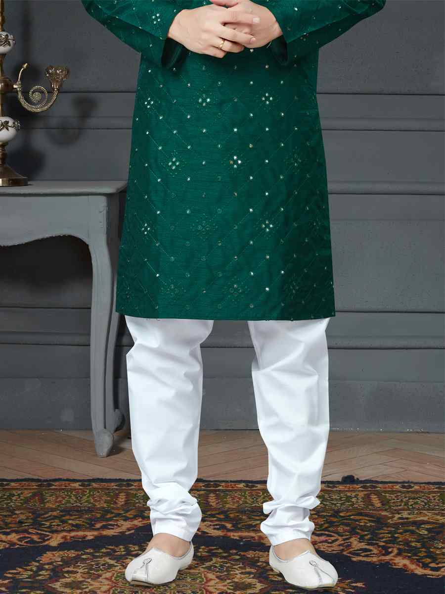 Bottle Green Cotton Art Silk Woven Festival Kurta