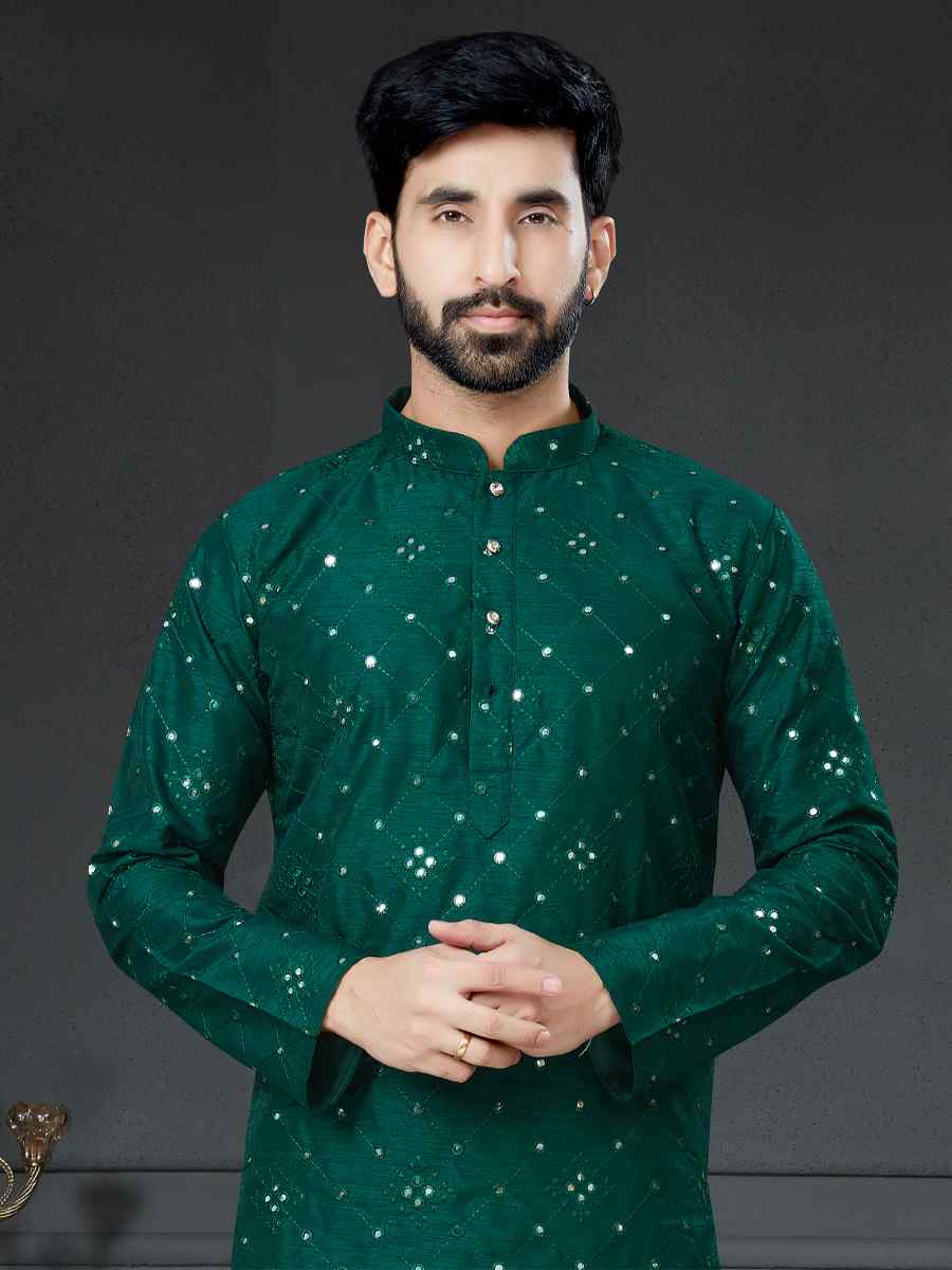 Bottle Green Cotton Art Silk Woven Festival Kurta