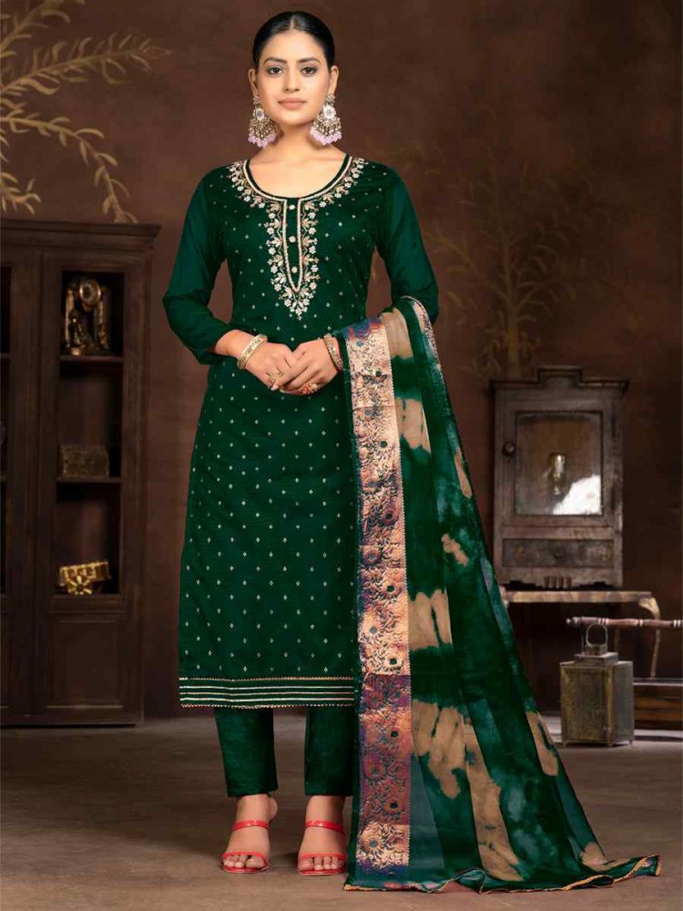 Bottle Green Cotton Jacquard Embroidered Casual Festival Pant Salwar Kameez