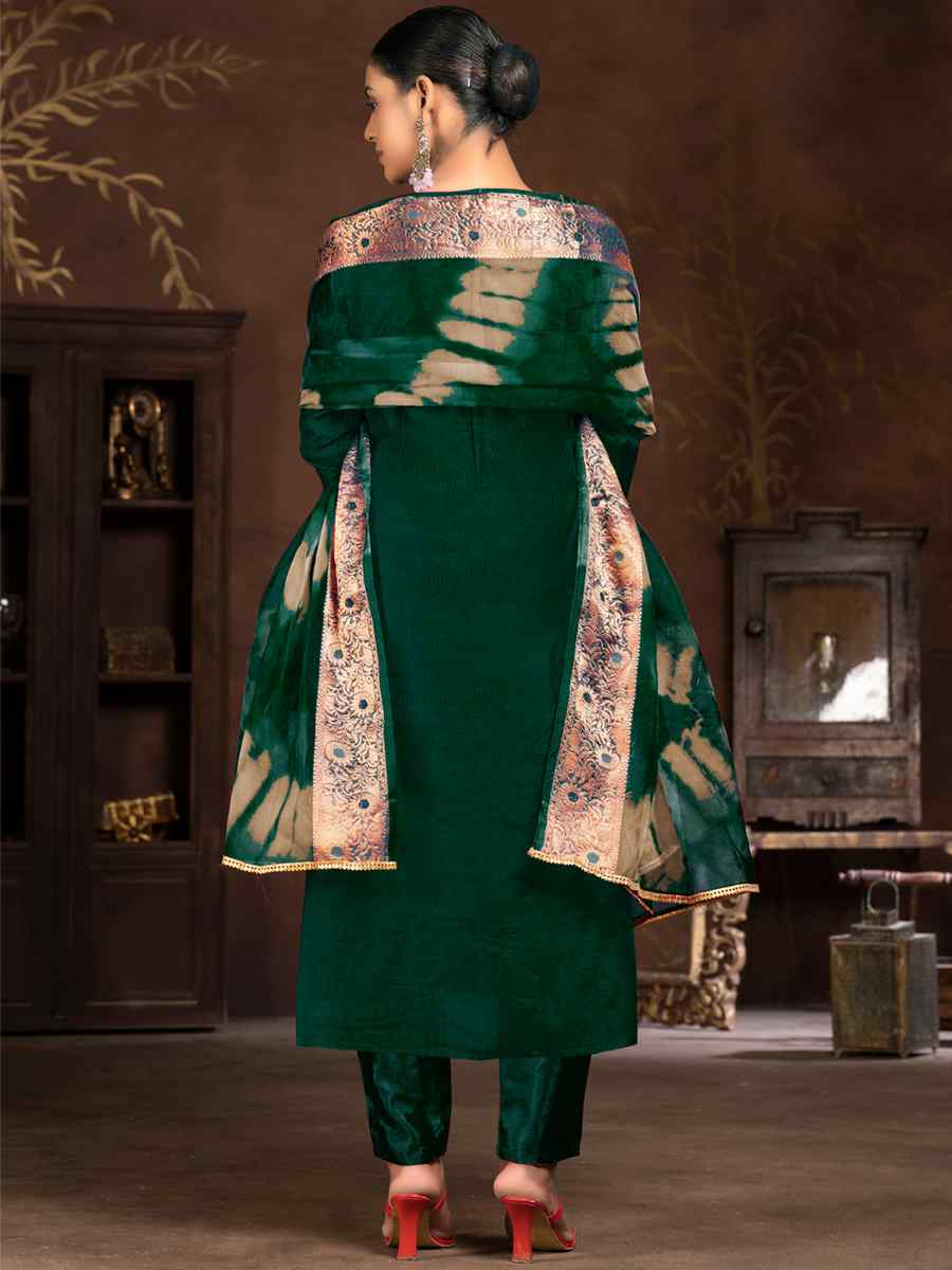 Bottle Green Cotton Jacquard Embroidered Casual Festival Pant Salwar Kameez