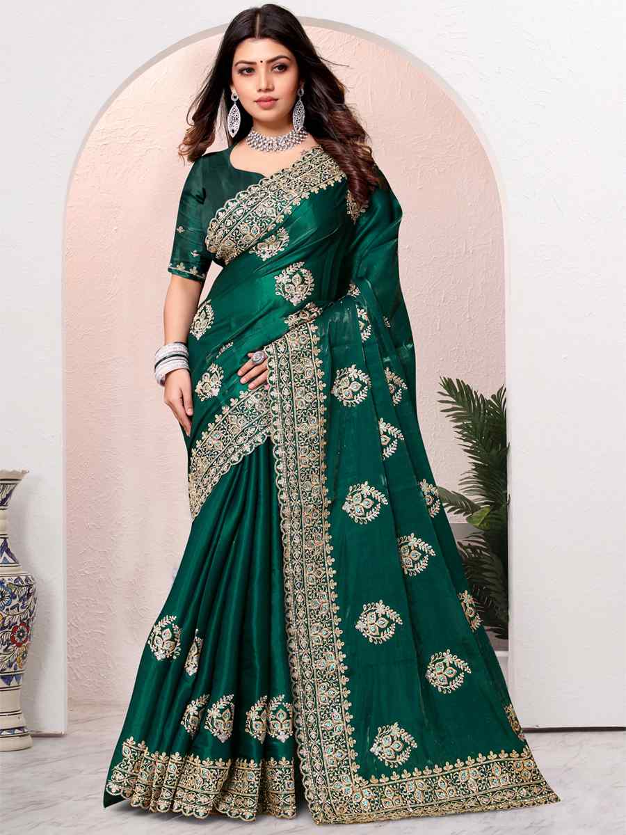 Bottle Green Crepe Silk Embroidered Bridesmaid Wedding Heavy Border Saree