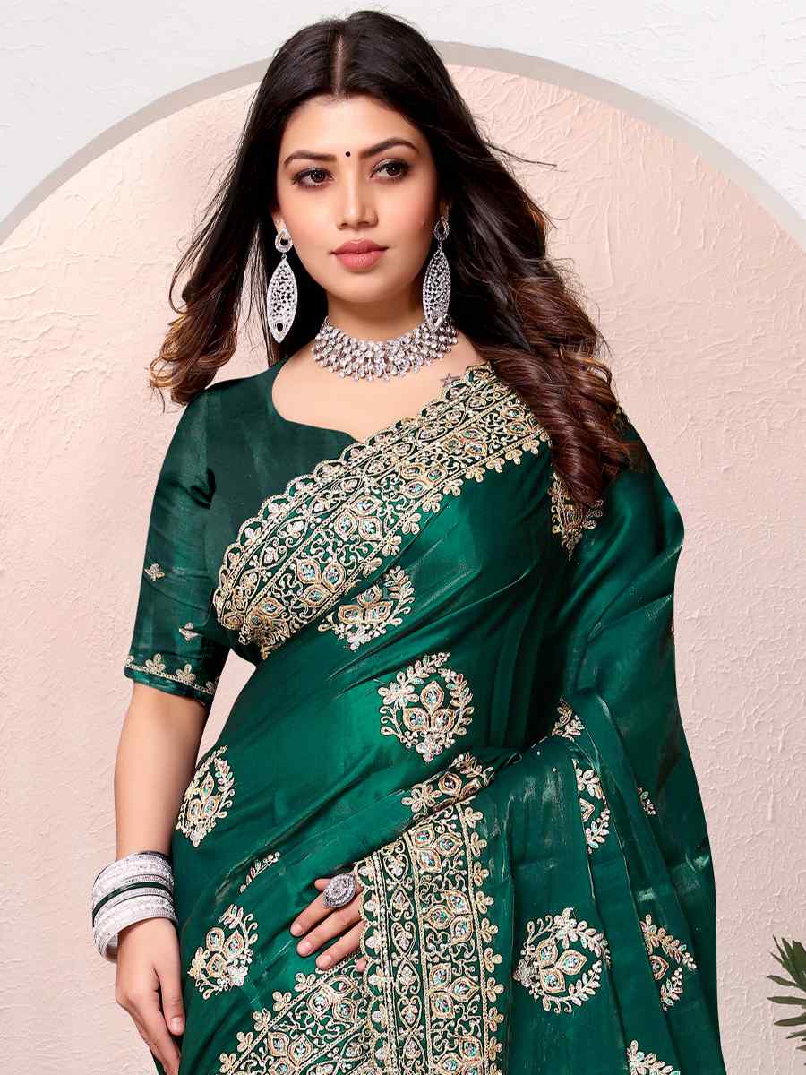 Bottle Green Crepe Silk Embroidered Bridesmaid Wedding Heavy Border Saree