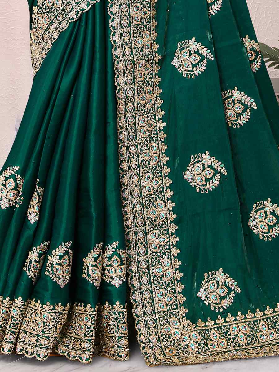Bottle Green Crepe Silk Embroidered Bridesmaid Wedding Heavy Border Saree