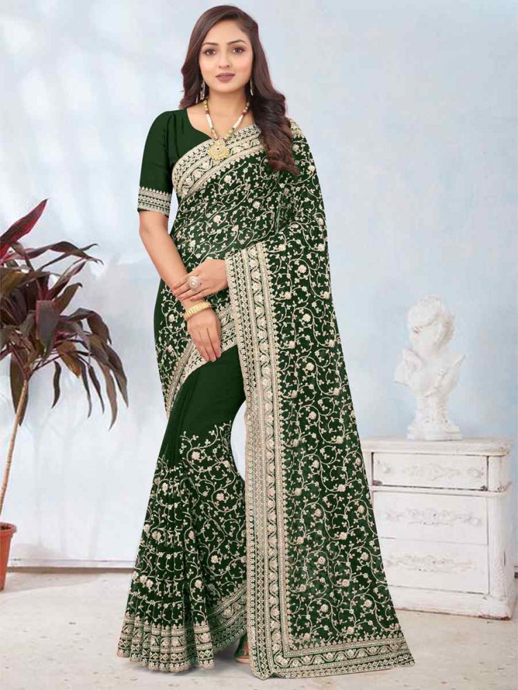 Bottle Green Georgette Embroidered Party Wedding Heavy Border Saree