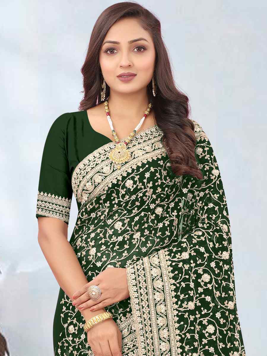 Bottle Green Georgette Embroidered Party Wedding Heavy Border Saree