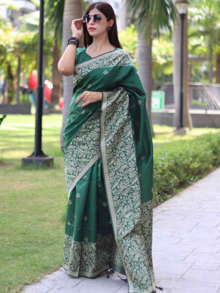 Bottle Green Handloom Raw Silk Handwoven Casual Festival Classic Style Saree