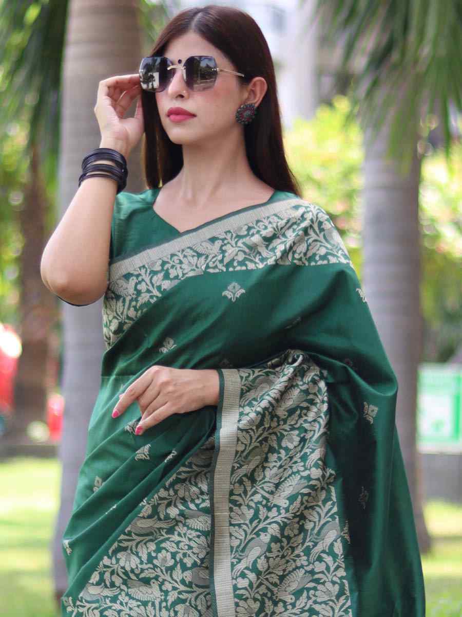Bottle Green Handloom Raw Silk Handwoven Casual Festival Classic Style Saree