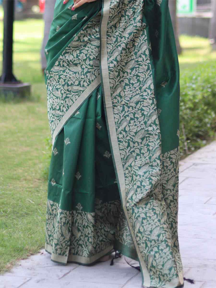 Bottle Green Handloom Raw Silk Handwoven Casual Festival Classic Style Saree
