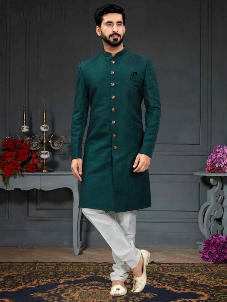 Bottle Green Heavy Imported Jacquard Woven Groom Wedding Sherwani