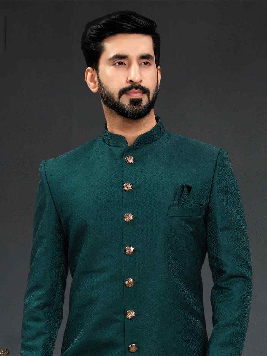 Bottle Green Heavy Imported Jacquard Woven Groom Wedding Sherwani