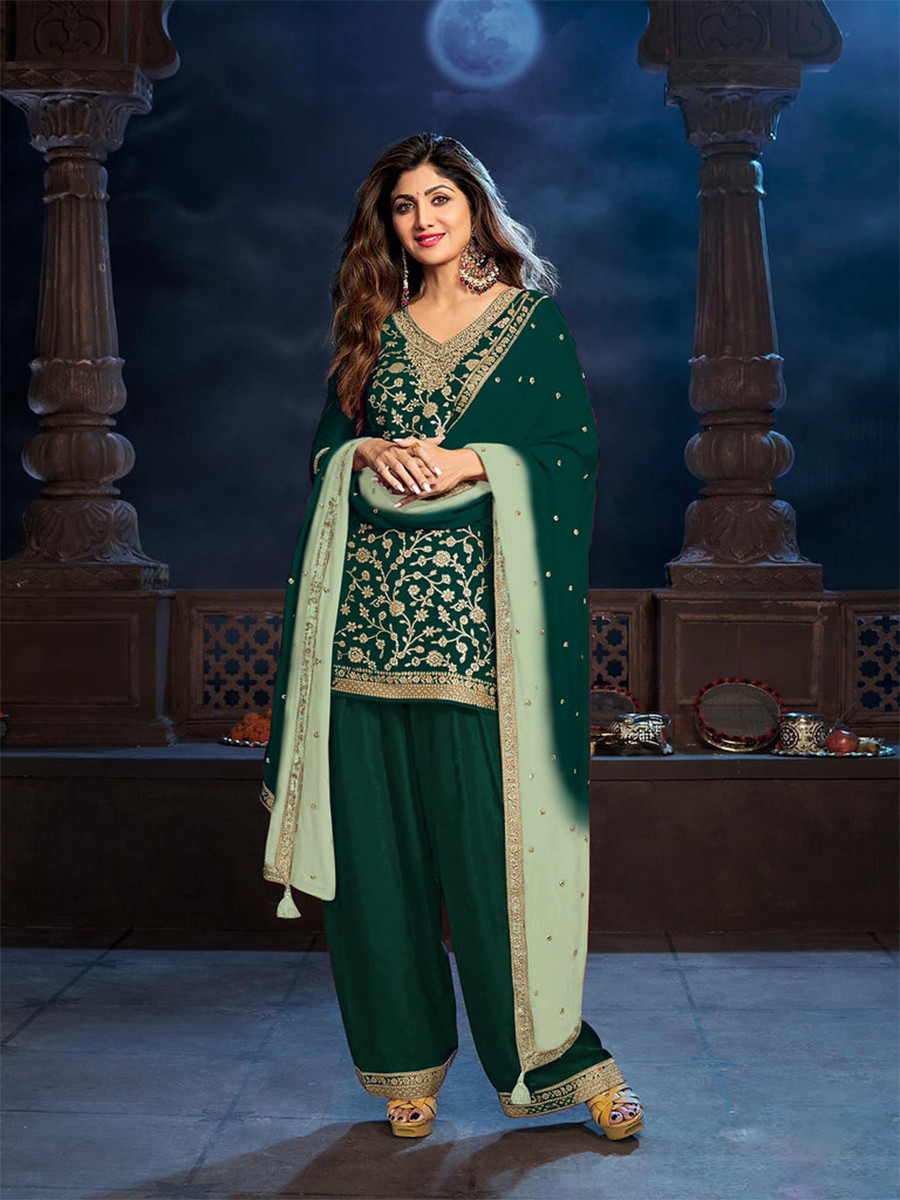 Bottle Green Heavy Pure Viscose Dola Silk Embroidery Zari Wedding Party Festival Palazzo Pant Bollywood Style Salwar Kameez