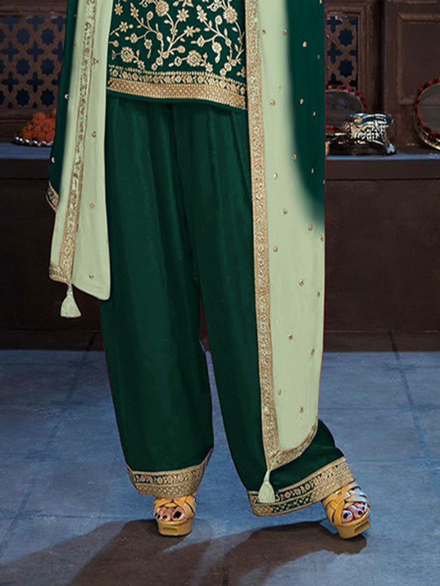 Bottle Green Heavy Pure Viscose Dola Silk Embroidery Zari Wedding Party Festival Palazzo Pant Bollywood Style Salwar Kameez