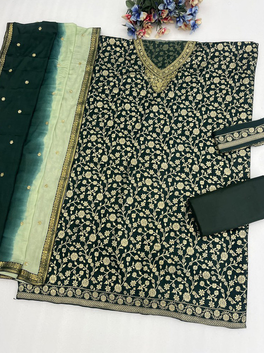 Bottle Green Heavy Pure Viscose Dola Silk Embroidery Zari Wedding Party Festival Palazzo Pant Bollywood Style Salwar Kameez