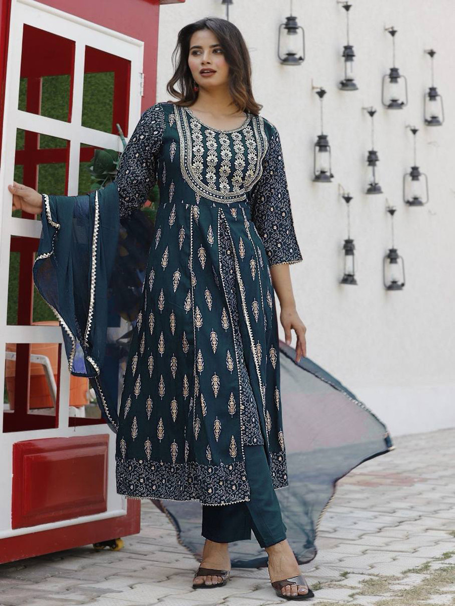 Bottle Green Heavy Rayon Embroidery Wedding Party Festival Casual Ready Lawn Pant Salwar Kameez