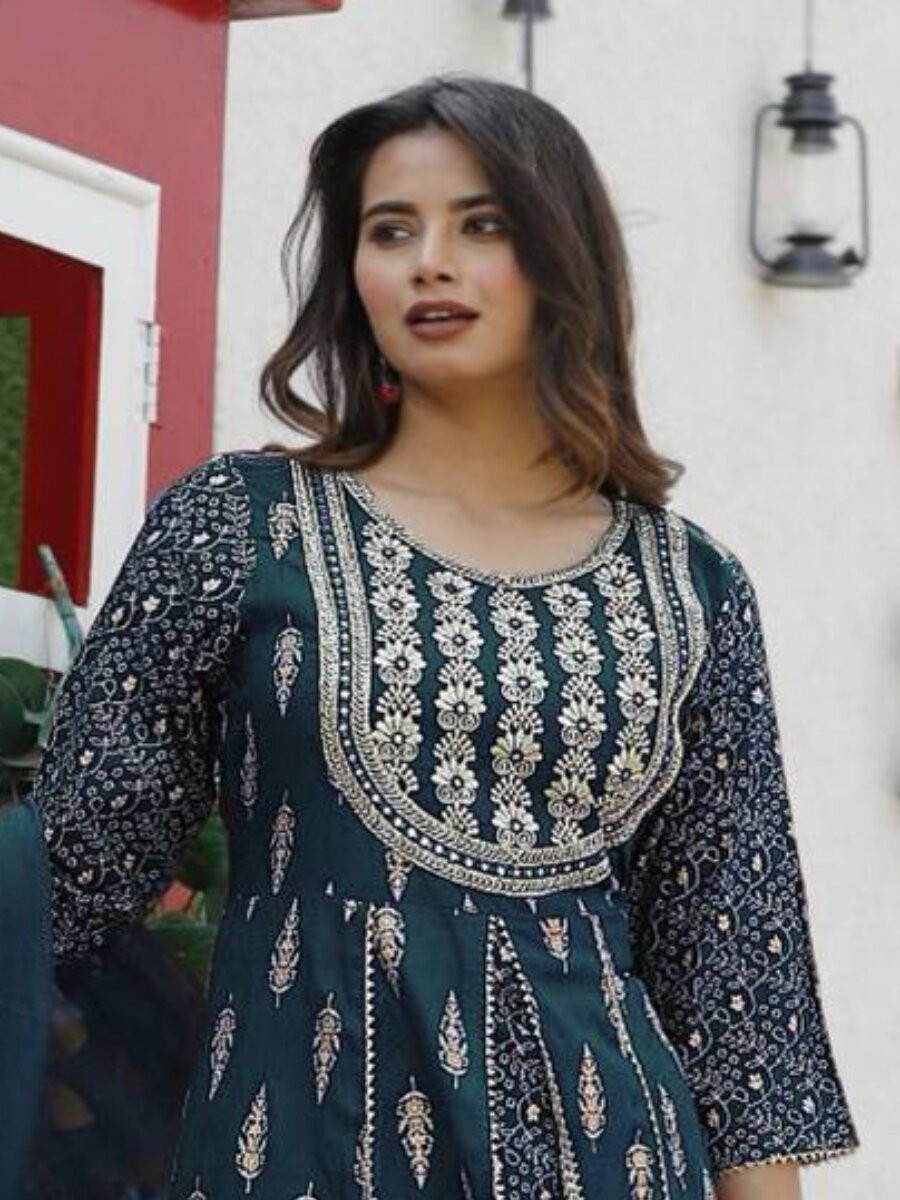 Bottle Green Heavy Rayon Embroidery Wedding Party Festival Casual Ready Lawn Pant Salwar Kameez