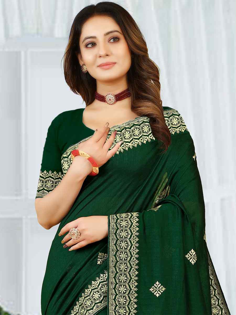 Bottle Green Heavy Vichitra Silk Embroidered Wedding Festival Heavy Border Saree