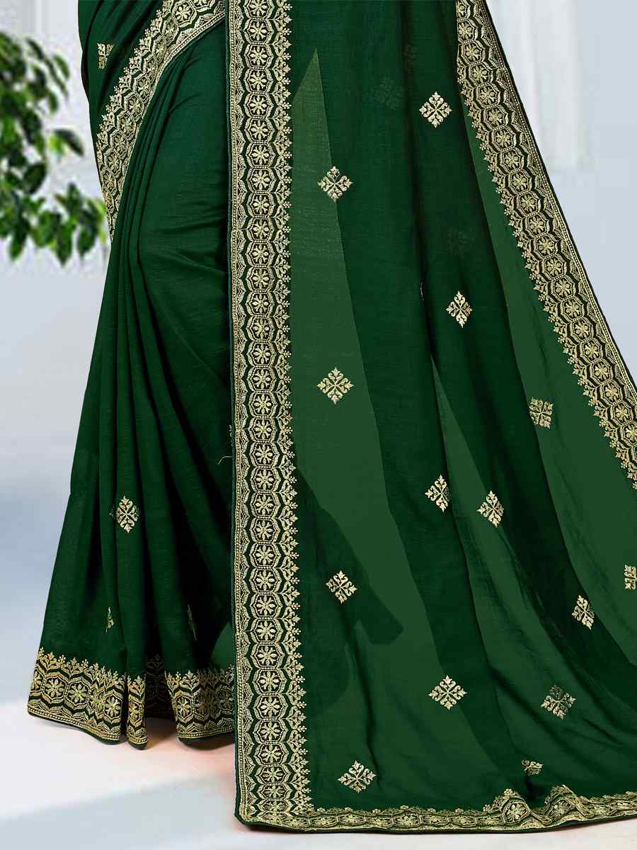 Bottle Green Heavy Vichitra Silk Embroidered Wedding Festival Heavy Border Saree