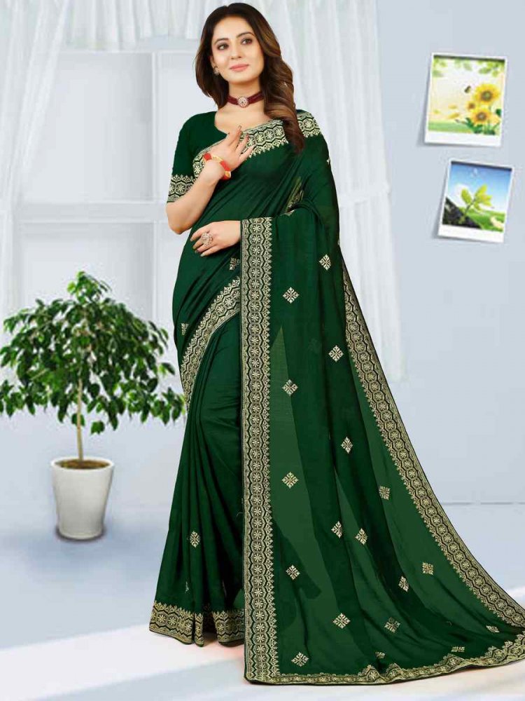 Bottle Green Heavy Vichitra Silk Embroidered Wedding Festival Heavy Border Saree