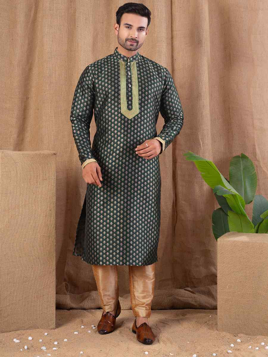 Bottle Green Jacquard Embroidery Festival Wedding Party Mens Kurta