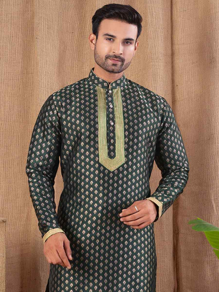 Bottle Green Jacquard Embroidery Festival Wedding Party Mens Kurta