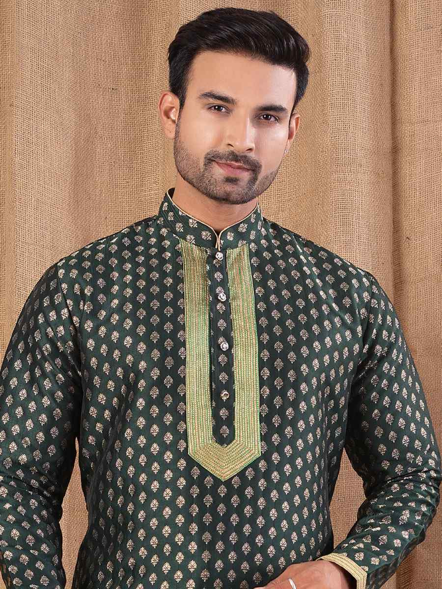 Bottle Green Jacquard Embroidery Festival Wedding Party Mens Kurta