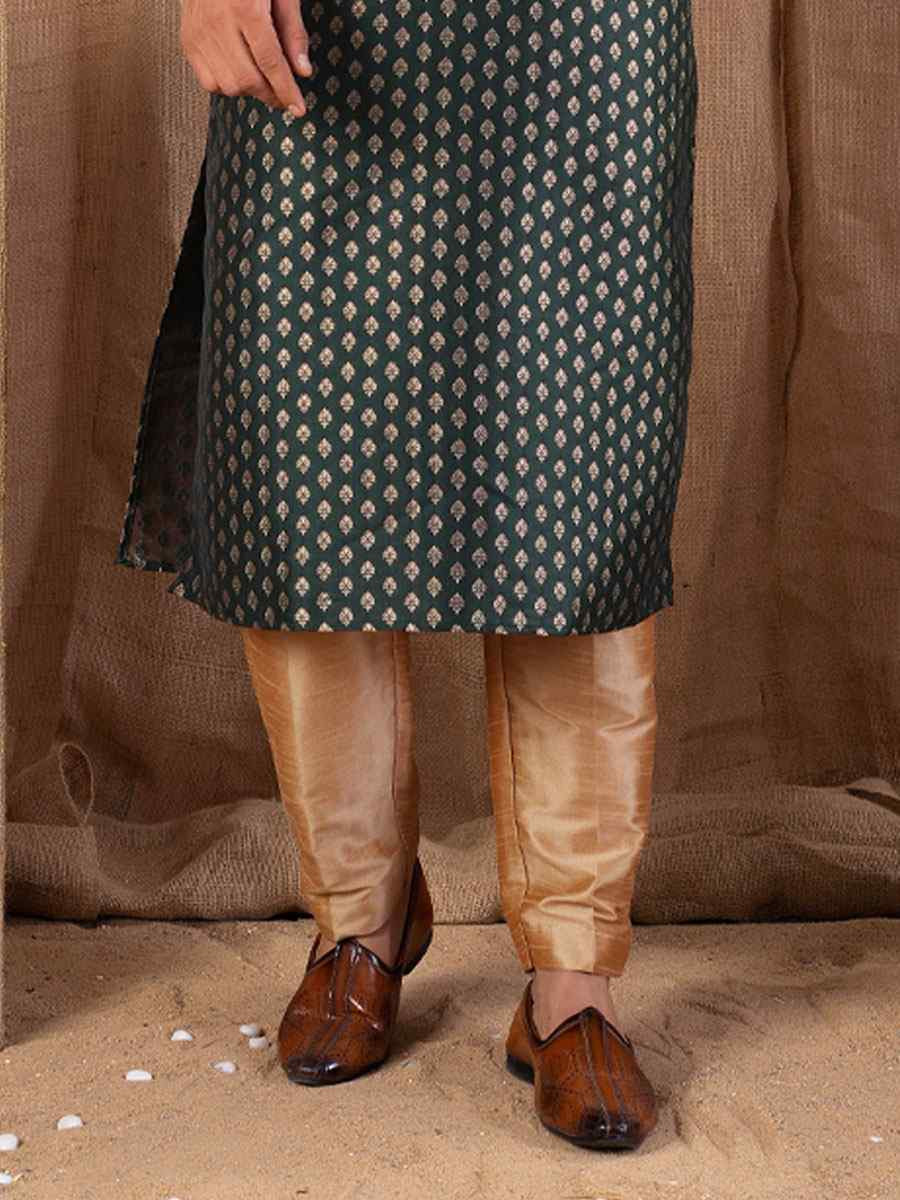 Bottle Green Jacquard Embroidery Festival Wedding Party Mens Kurta