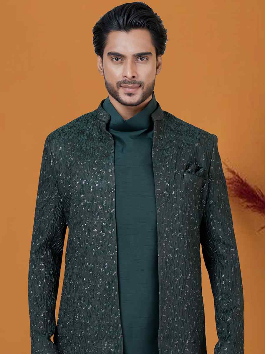 Bottle Green Jacquard Silk Woven Groom Wedding Sherwani