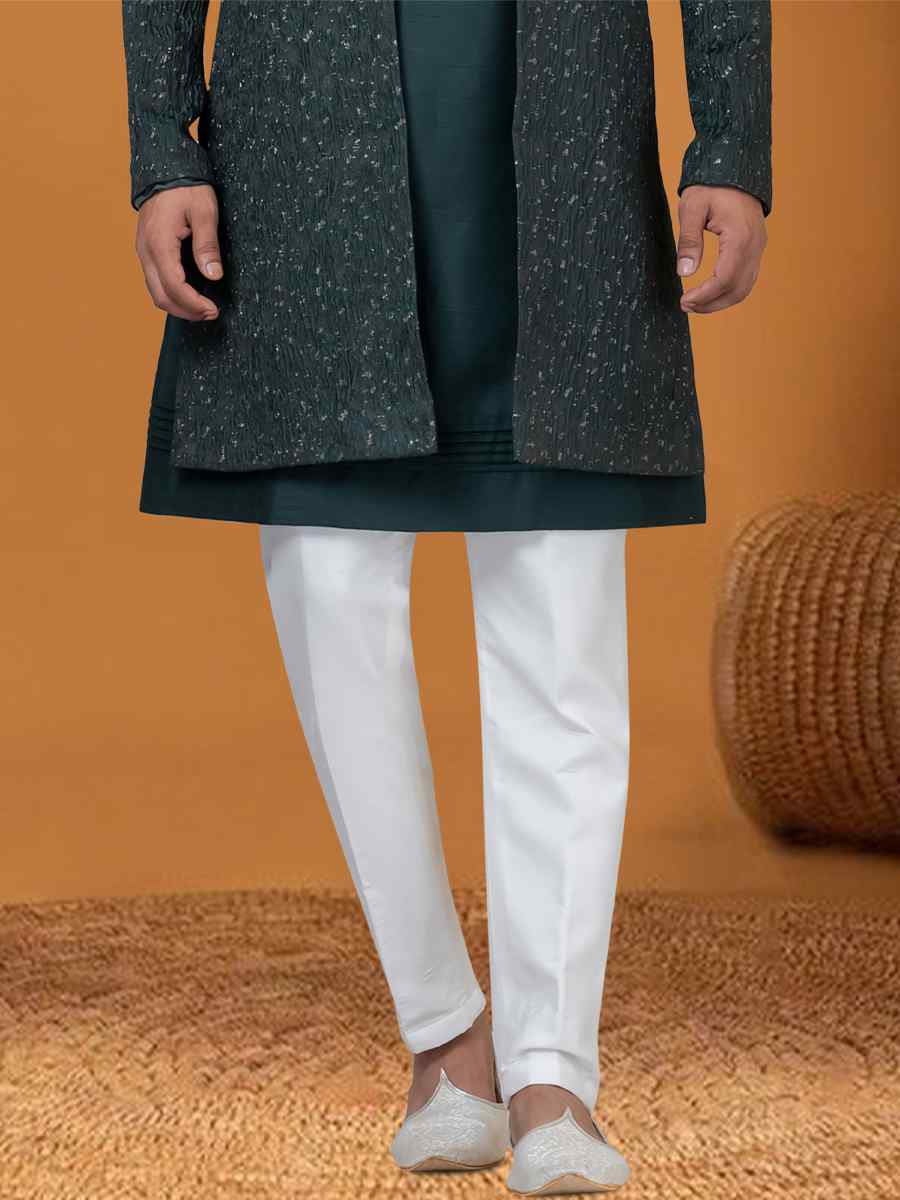Bottle Green Jacquard Silk Woven Groom Wedding Sherwani