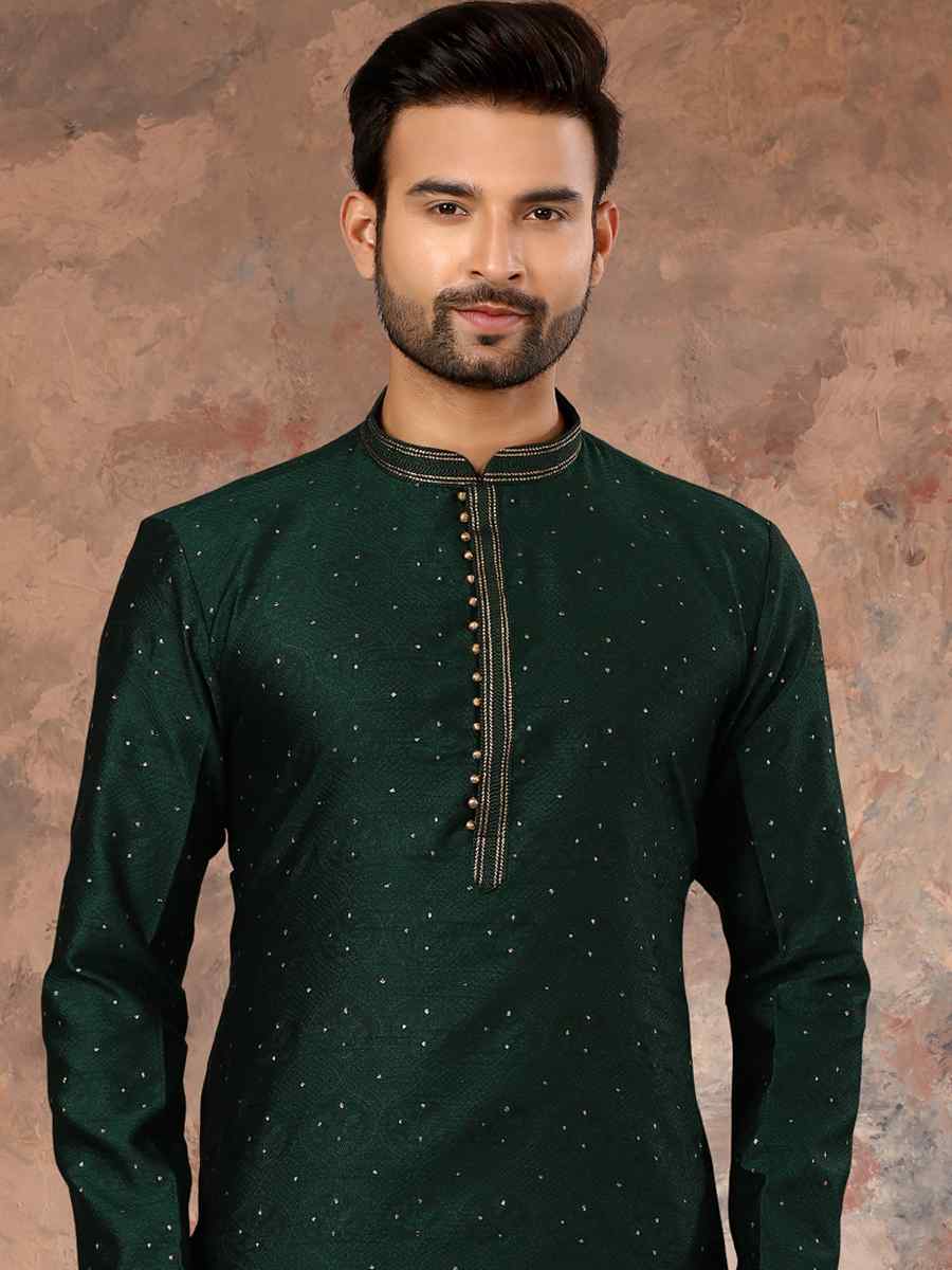 Bottle Green Jacquard Woven Festival Party Kurta