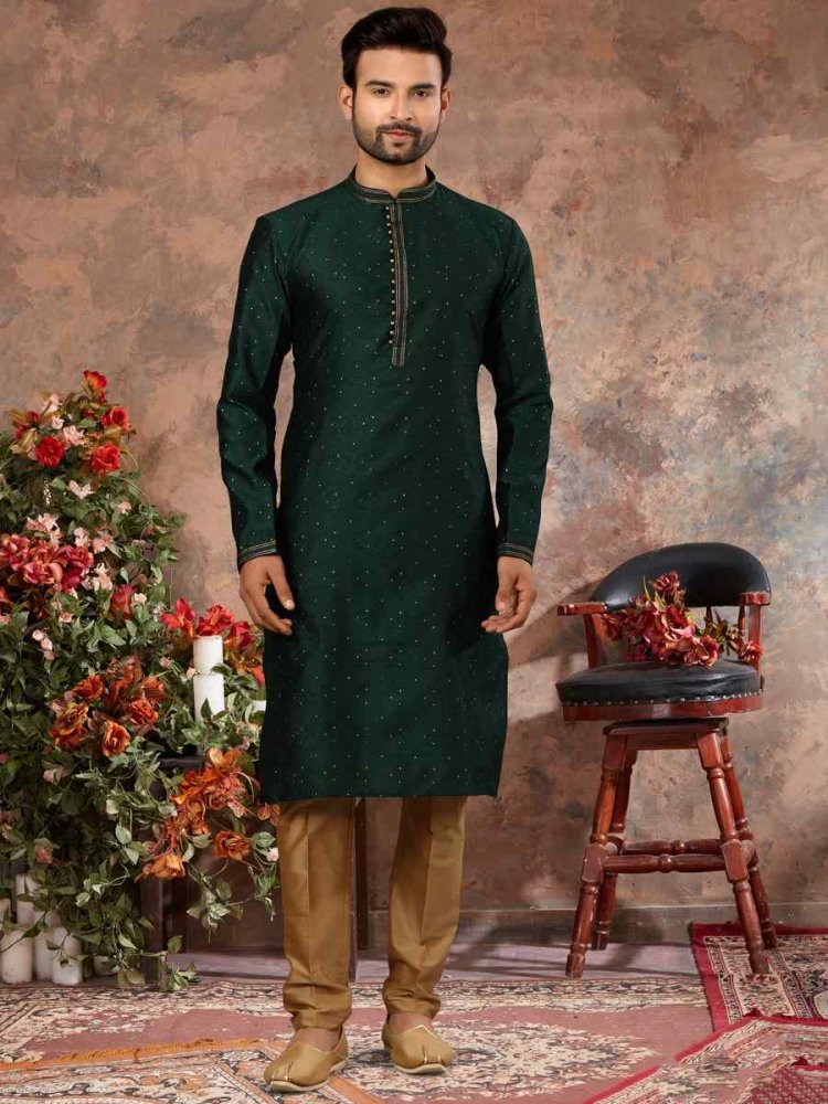 Bottle Green Jacquard Woven Festival Party Kurta