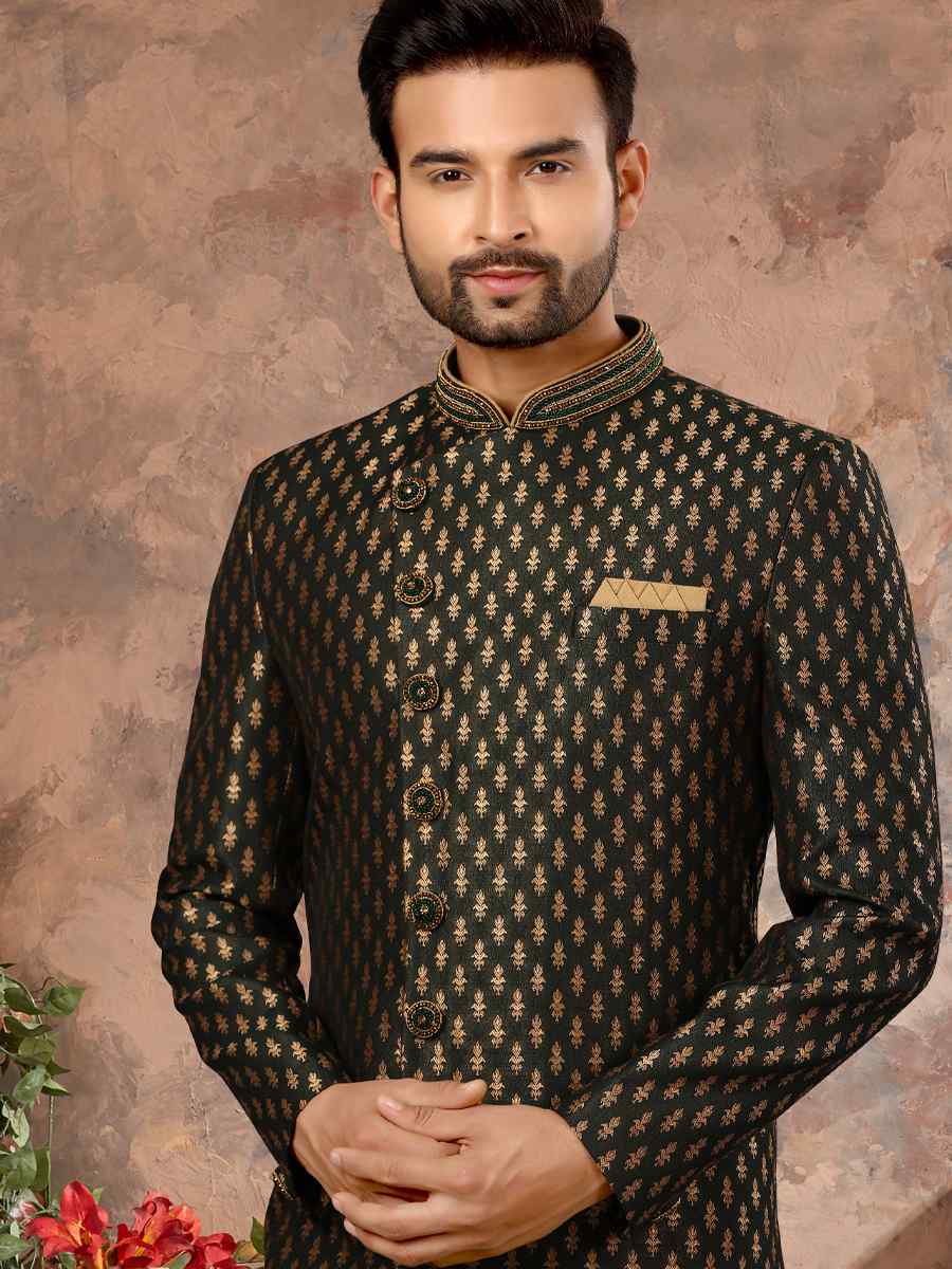 Bottle Green Jacquard Woven Festival Wedding Sherwani