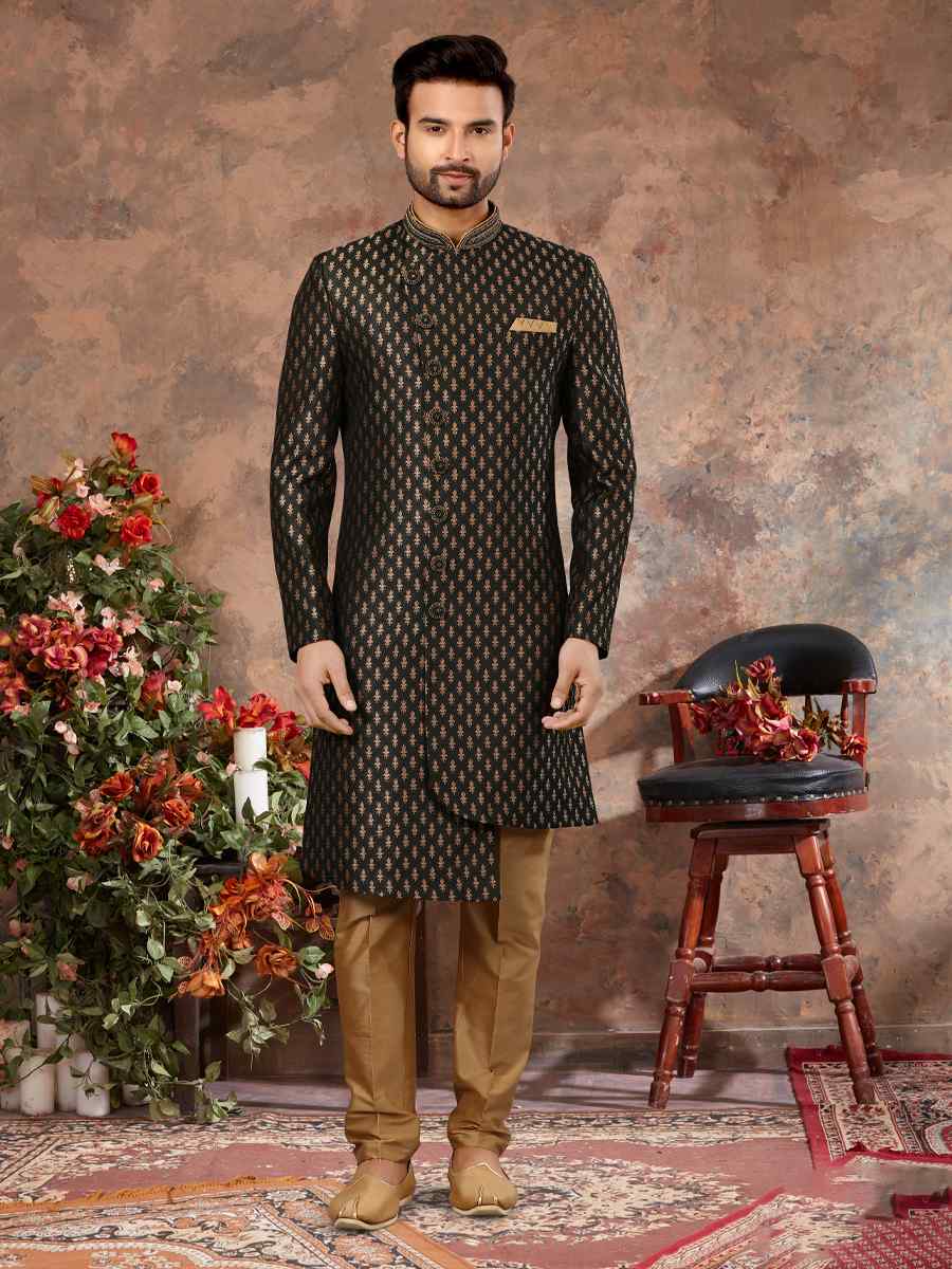 Bottle Green Jacquard Woven Festival Wedding Sherwani
