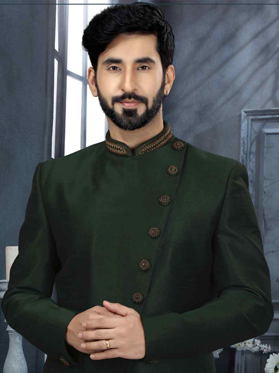 Bottle Green Jacquard Woven Festival Wedding Sherwani