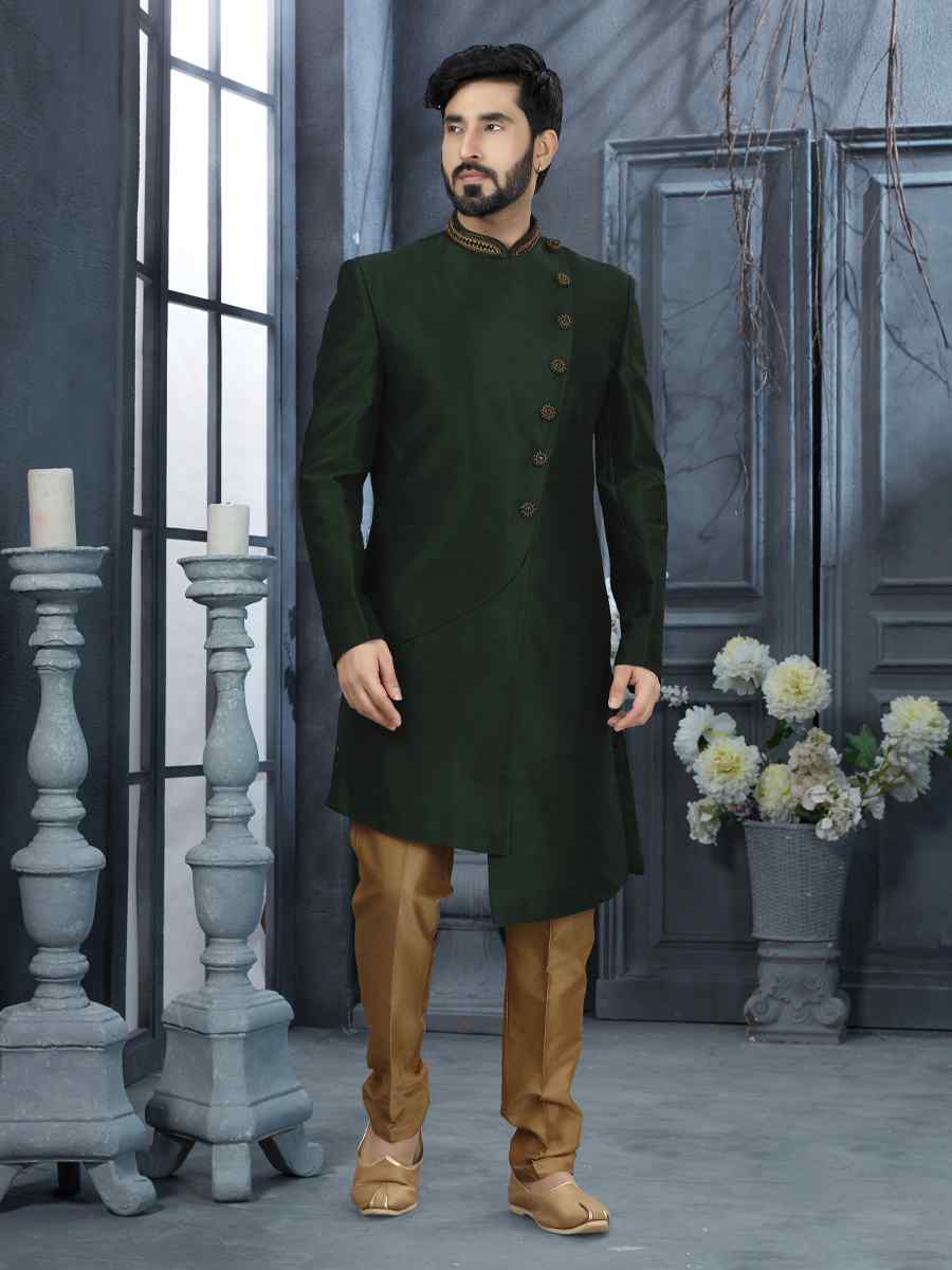 Bottle Green Jacquard Woven Festival Wedding Sherwani