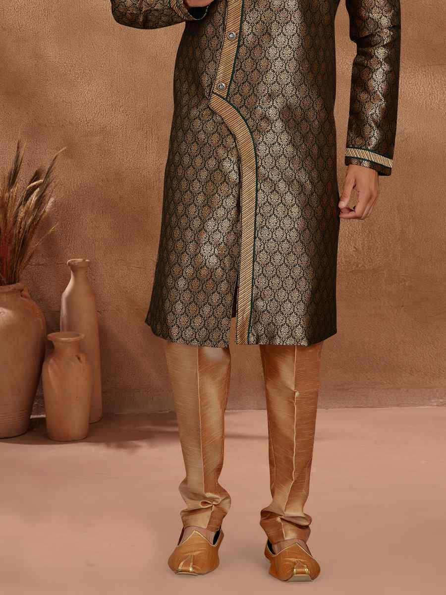 Bottle Green Jacquard Woven Party Wedding Kurta