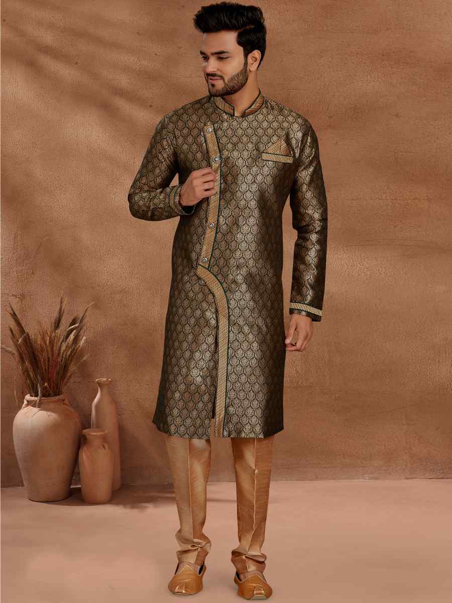 Bottle Green Jacquard Woven Party Wedding Kurta