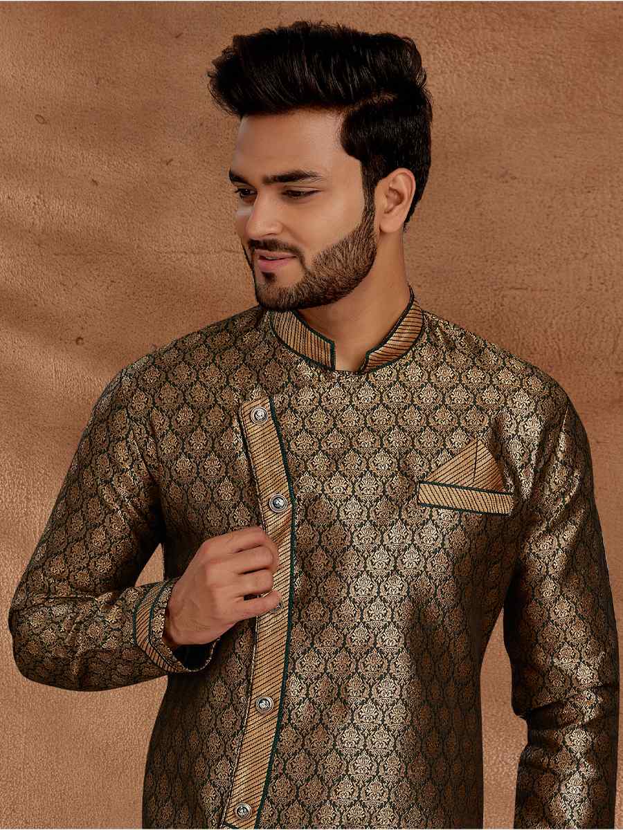 Bottle Green Jacquard Woven Party Wedding Kurta