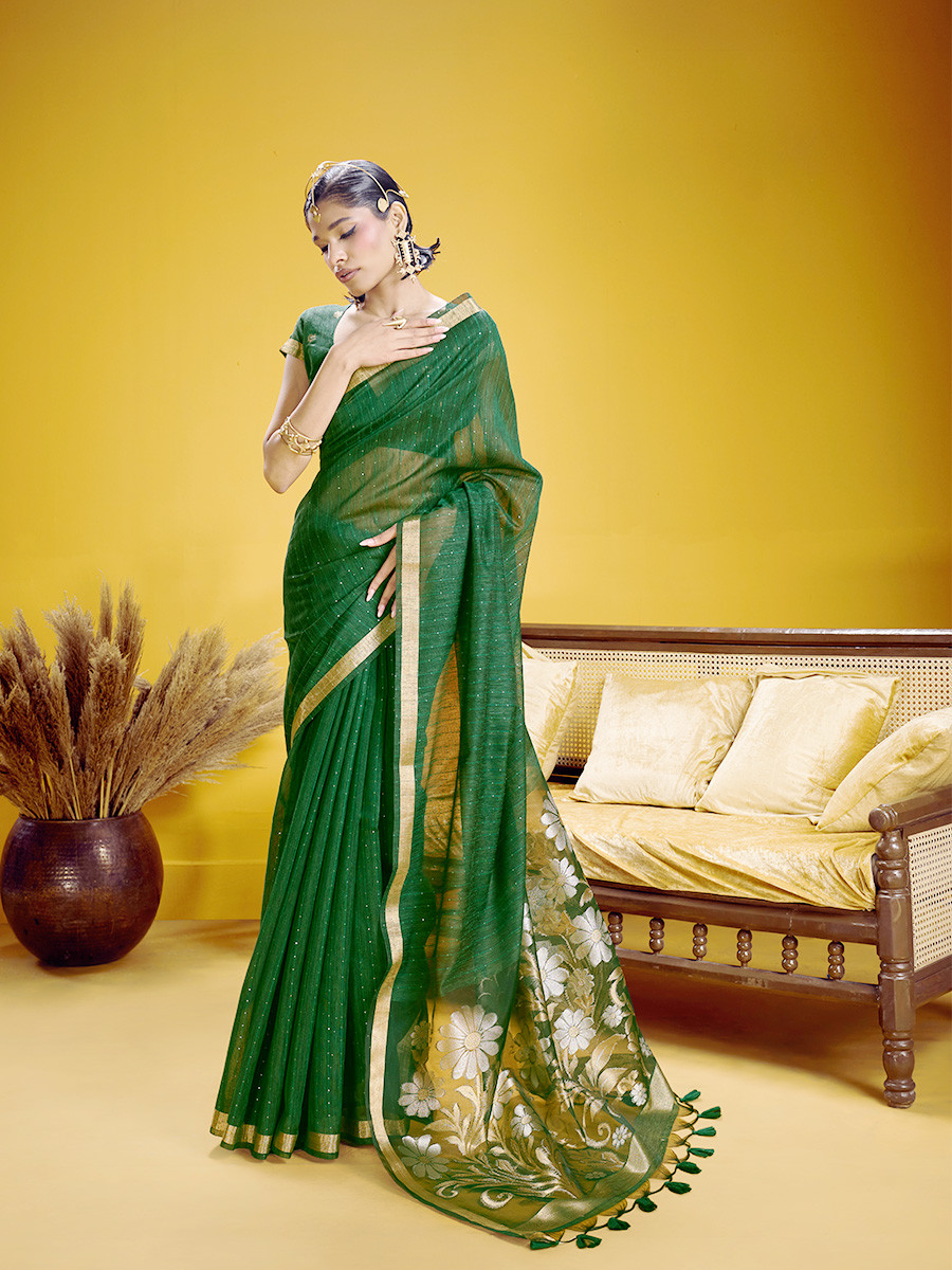 Bottle Green Munga Silk Printed Zari Festival Wedding Party Fancy Reception Heavy Border Saree