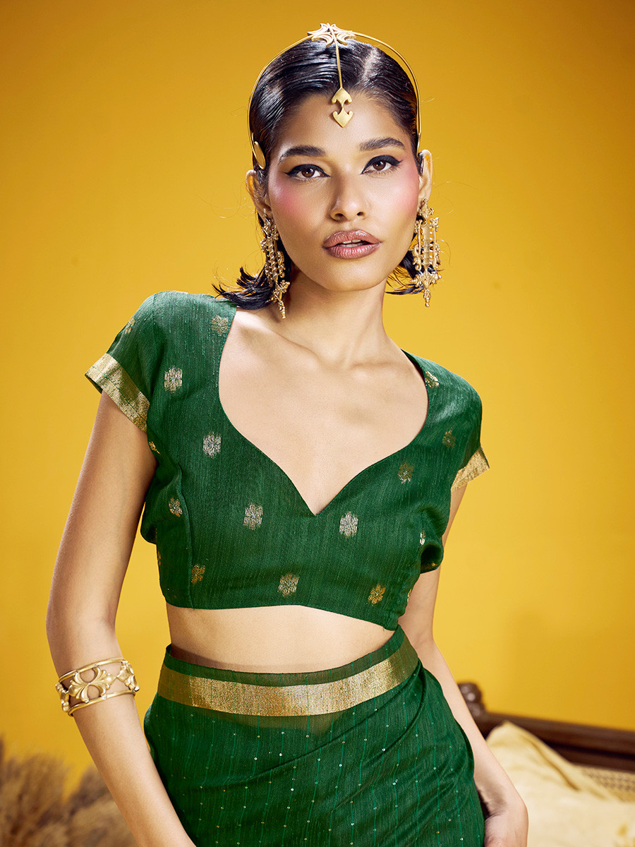 Bottle Green Munga Silk Printed Zari Festival Wedding Party Fancy Reception Heavy Border Saree