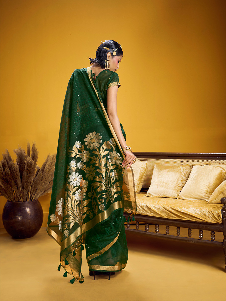 Bottle Green Munga Silk Printed Zari Festival Wedding Party Fancy Reception Heavy Border Saree