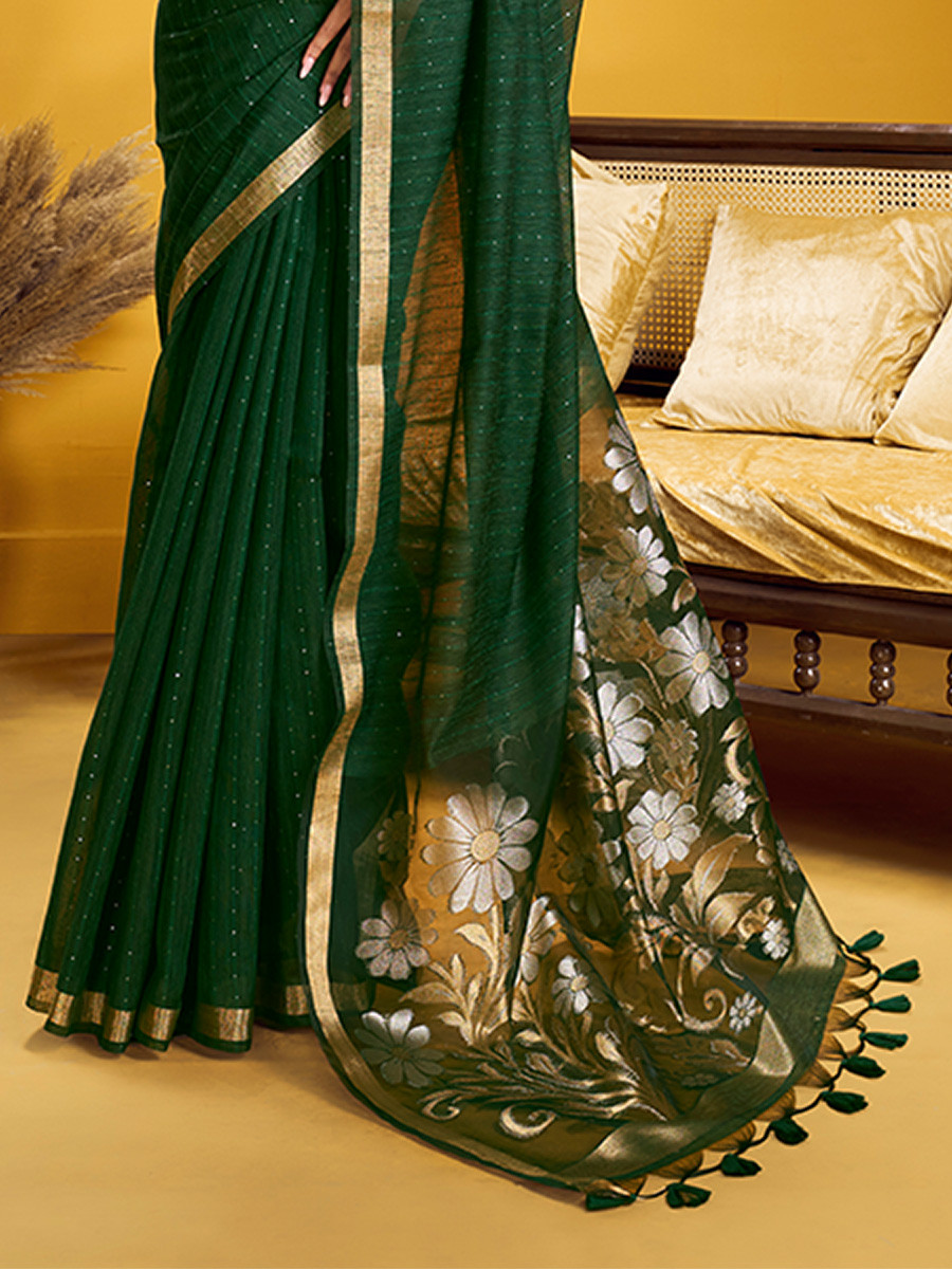 Bottle Green Munga Silk Printed Zari Festival Wedding Party Fancy Reception Heavy Border Saree